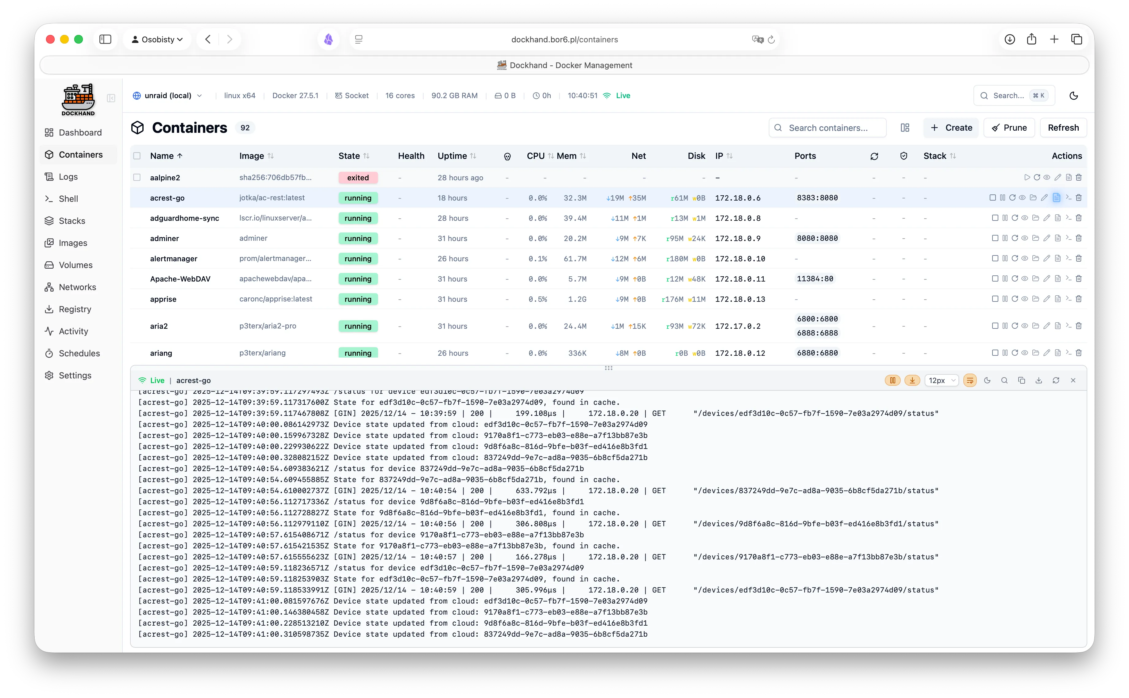 Container details and actions