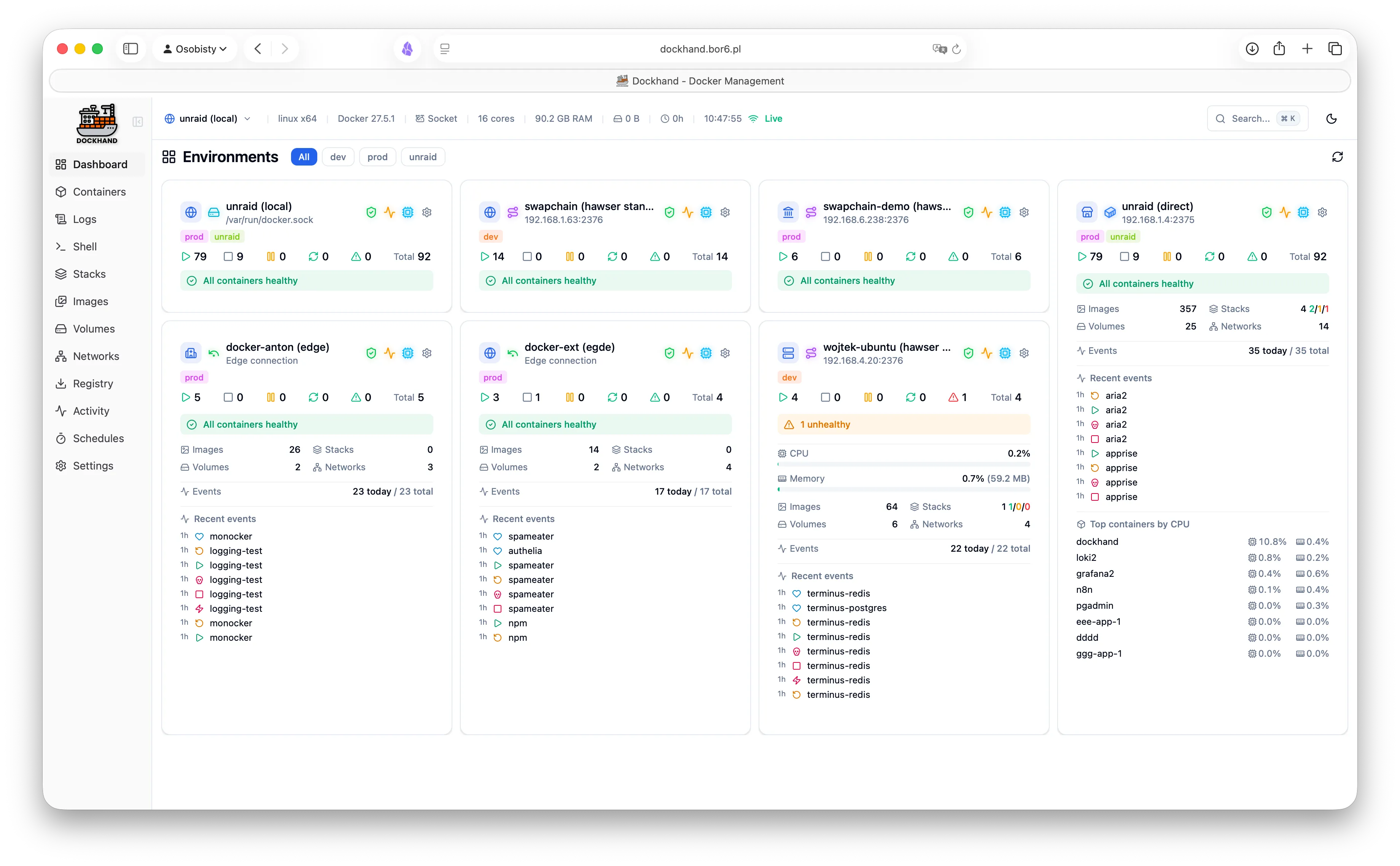 Dashboard overview with environment tiles